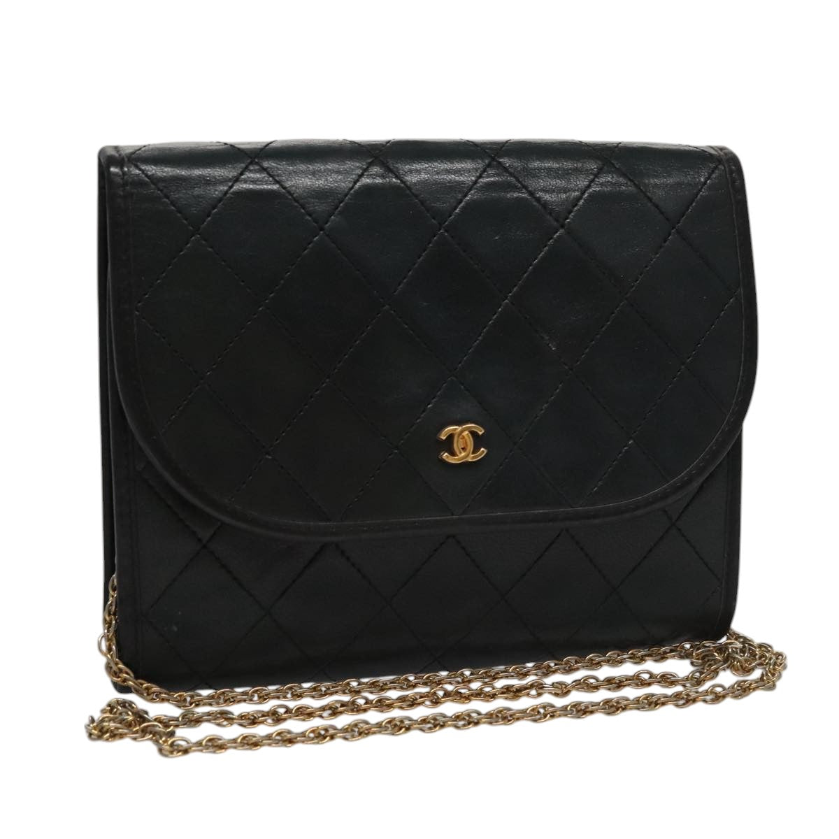 CHANEL Chain Matelasse Shoulder Bag Lamb Skin Gold Black CC bs21129