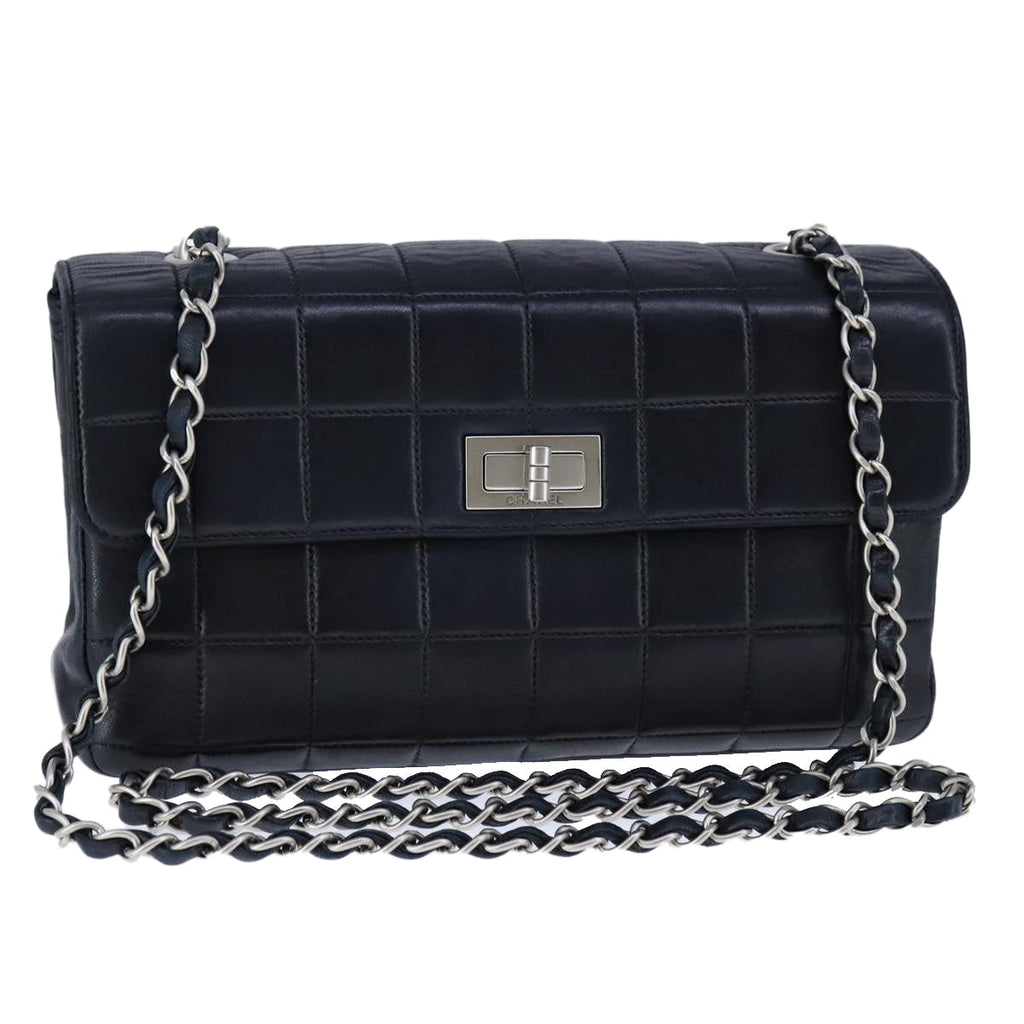 CHANEL Choco Bar Chain Shoulder Bag Lamb Skin Black CC bs21132