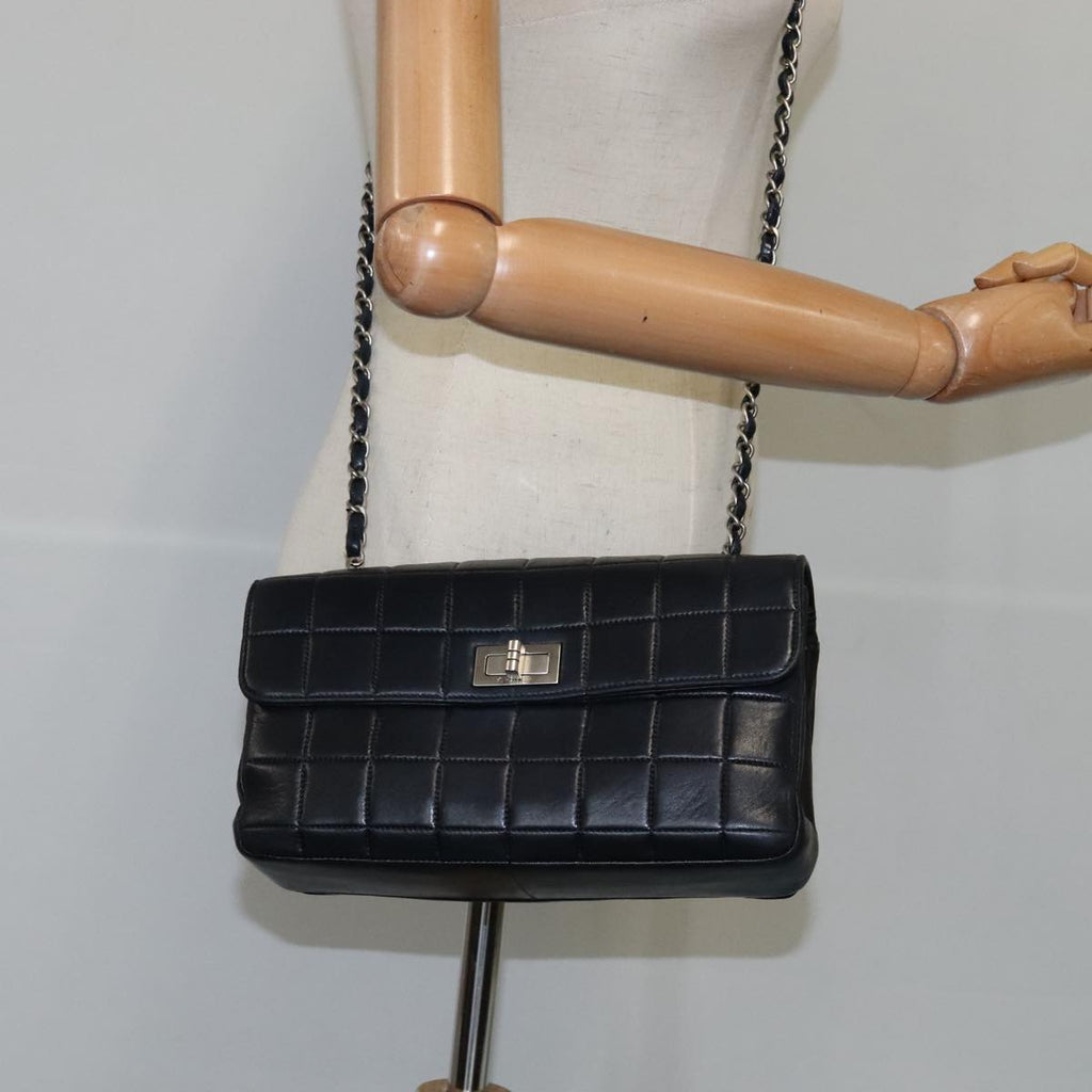 CHANEL Choco Bar Chain Shoulder Bag Lamb Skin Black CC bs21132