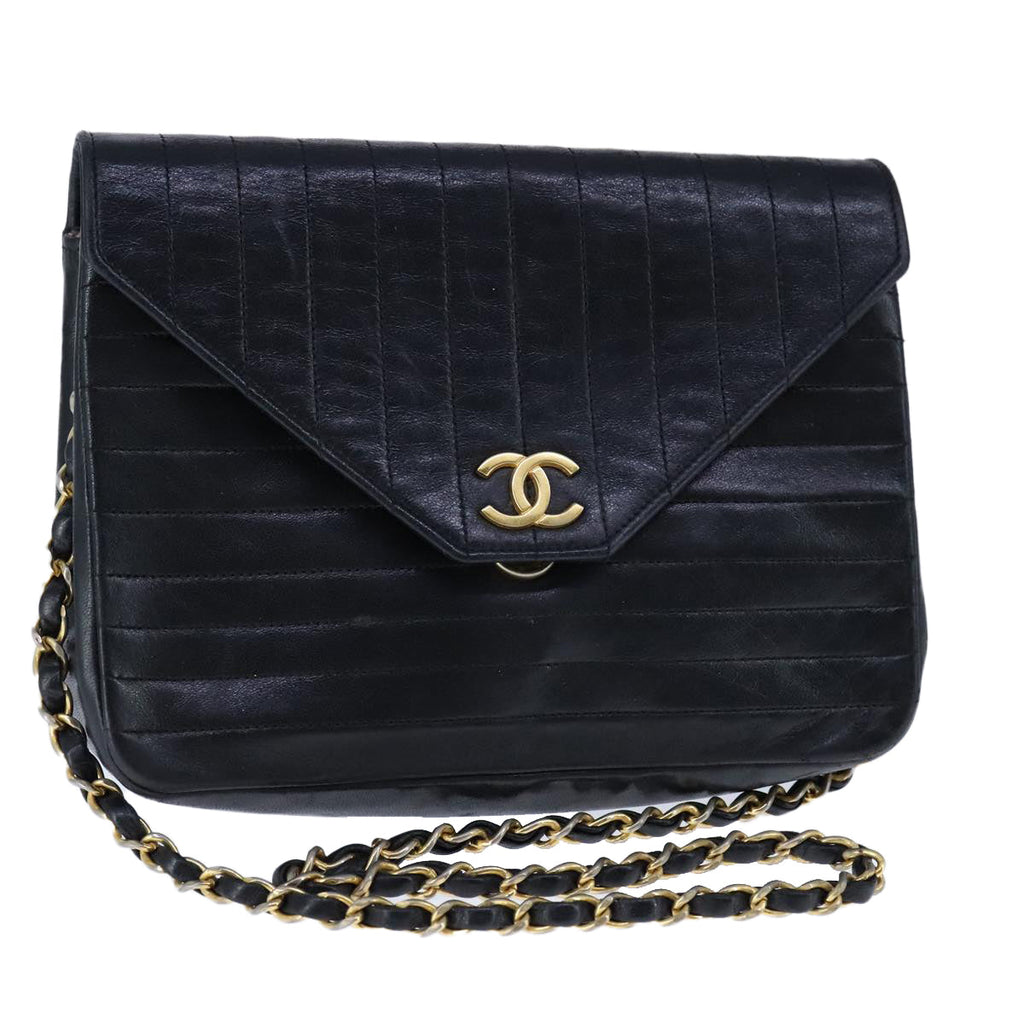 CHANEL Mademoiselle Chain Shoulder Bag Lamb Skin Black Gold CC bs21196