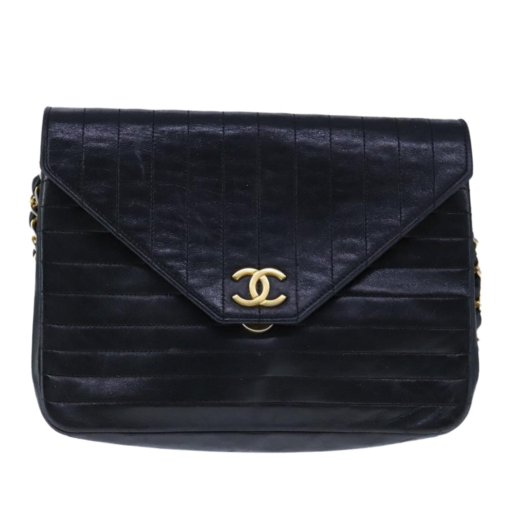 CHANEL Mademoiselle Chain Shoulder Bag Lamb Skin Black Gold CC bs21196