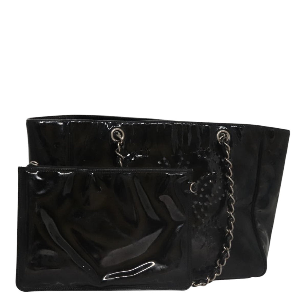 CHANEL Chain Hand Bag Patent Leather Black Silver CC bs21198