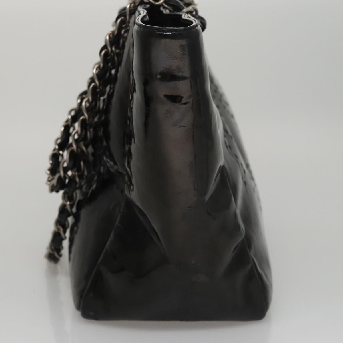 CHANEL Chain Hand Bag Patent Leather Black Silver CC bs21198