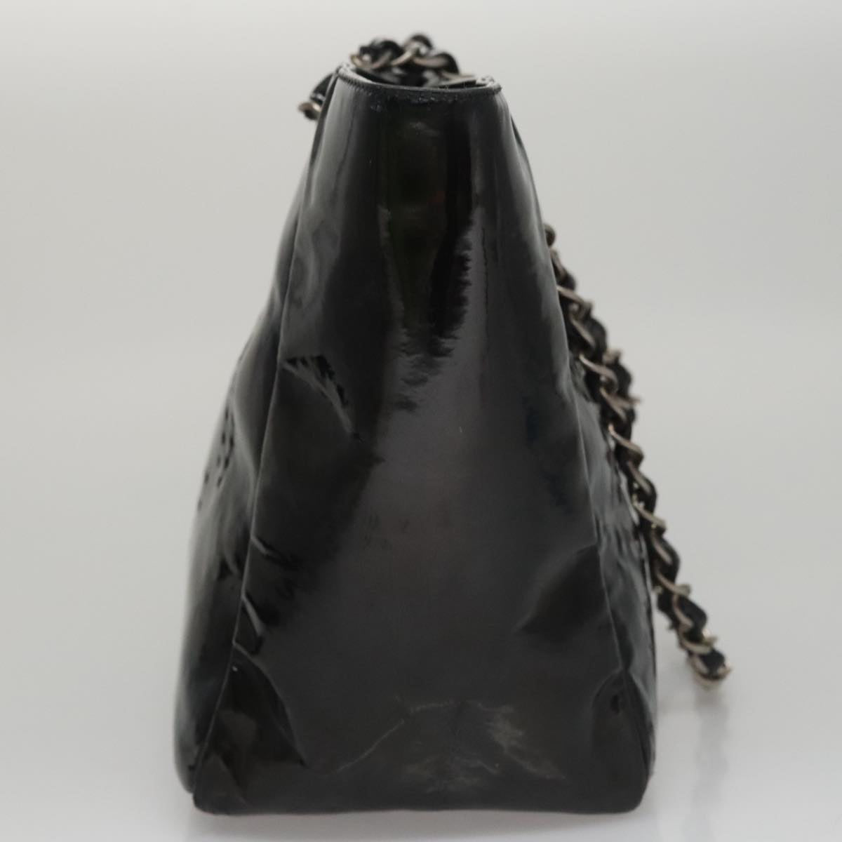 CHANEL Chain Hand Bag Patent Leather Black Silver CC bs21198
