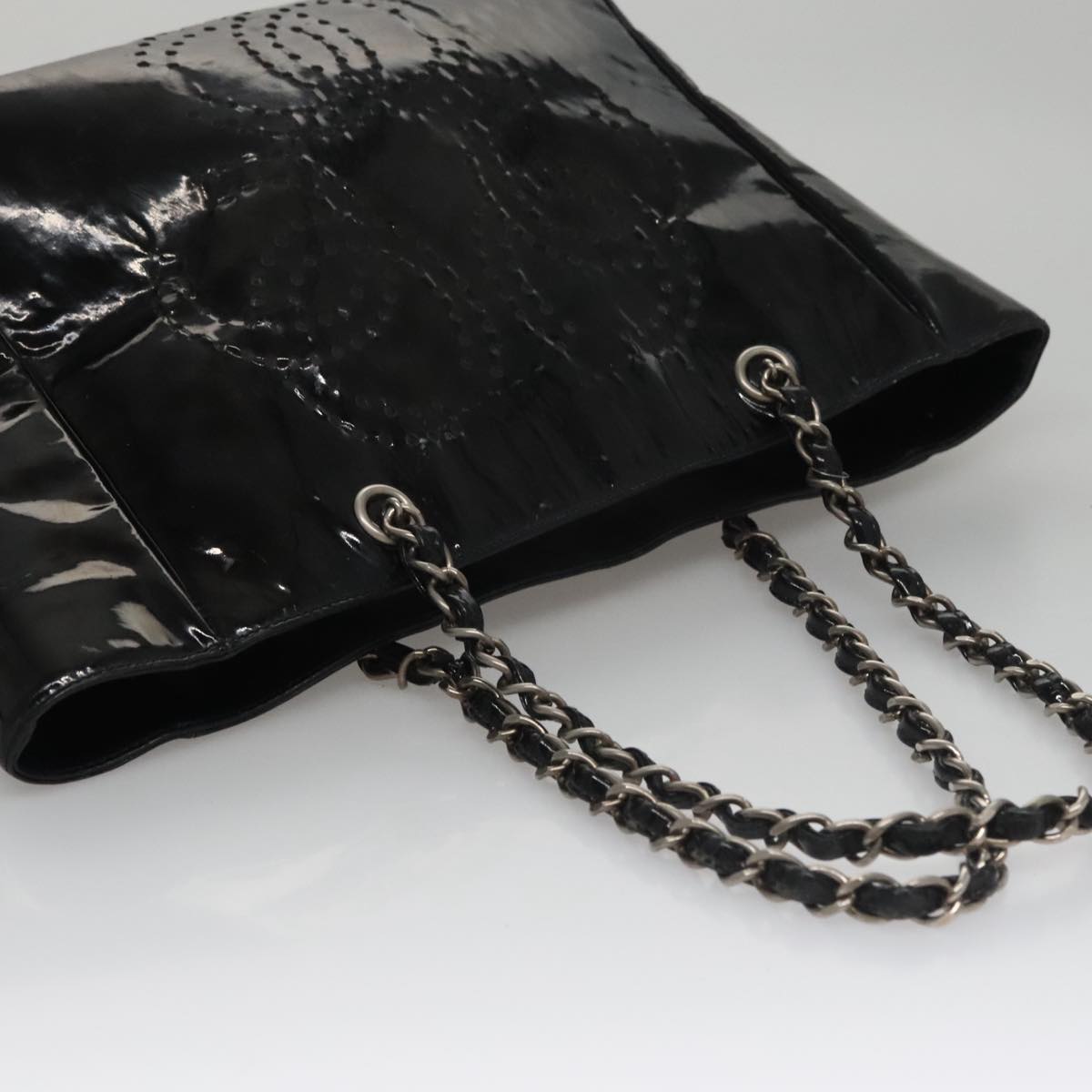 CHANEL Chain Hand Bag Patent Leather Black Silver CC bs21198