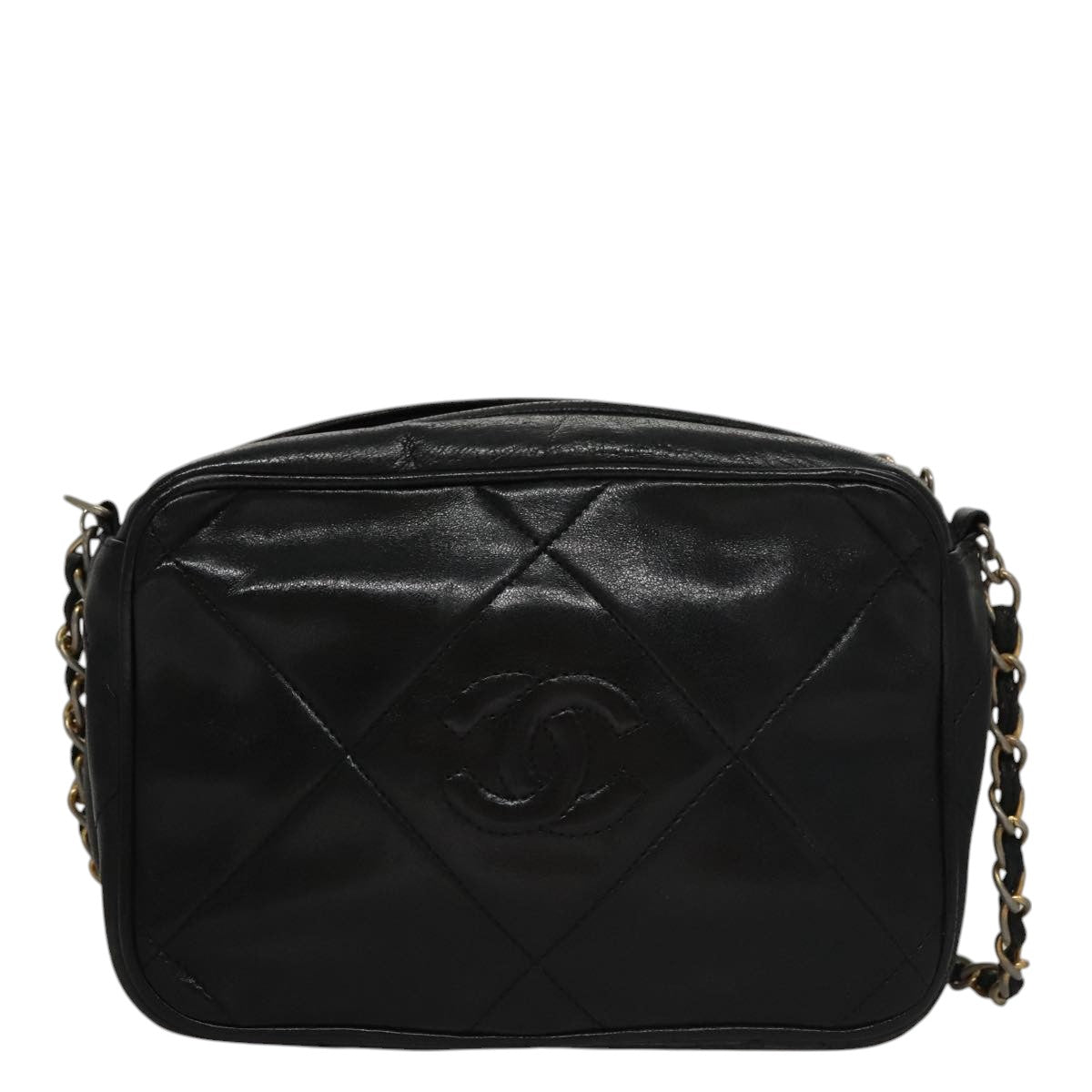 CHANEL Chain Matelasse Shoulder Bag Lamb Skin Black Gold CC bs21320