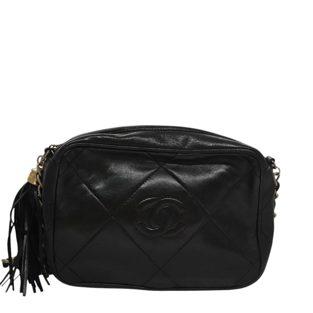CHANEL Chain Matelasse Shoulder Bag Lamb Skin Black Gold CC bs21320