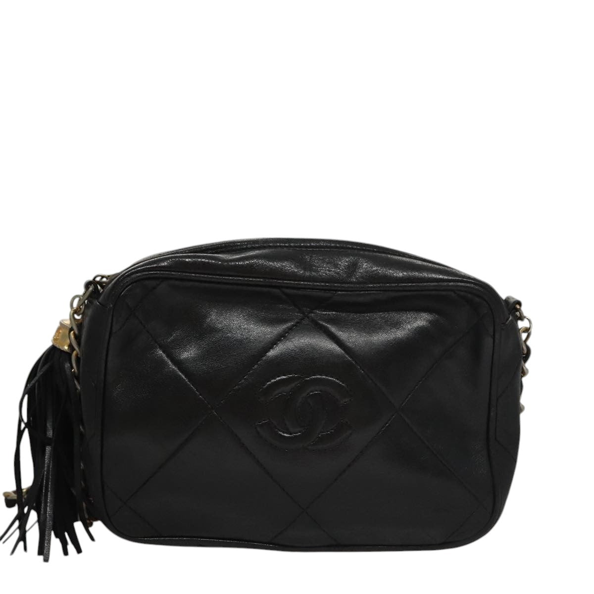 CHANEL Chain Matelasse Shoulder Bag Lamb Skin Black Gold CC bs21320