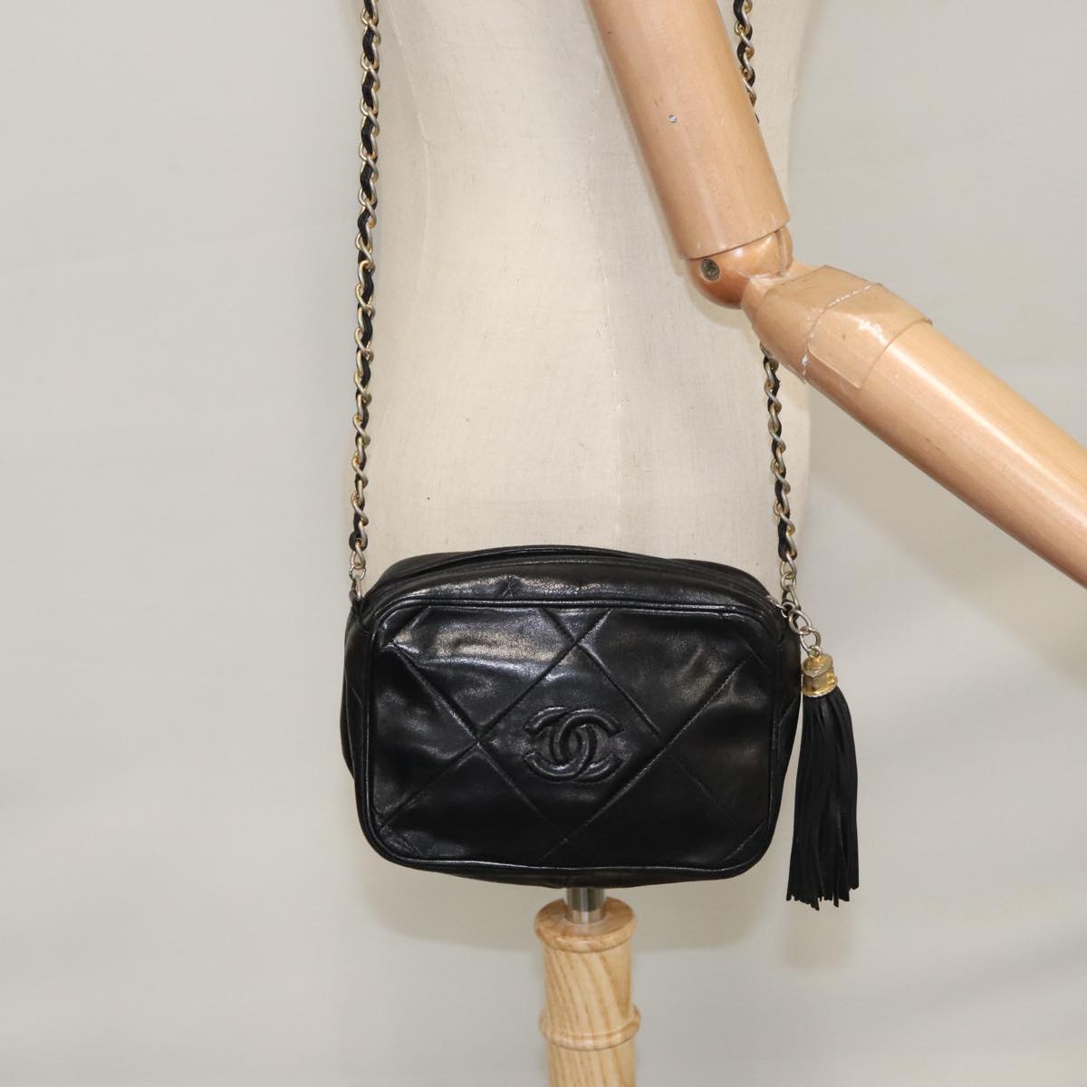 CHANEL Chain Matelasse Shoulder Bag Lamb Skin Black Gold CC bs21320