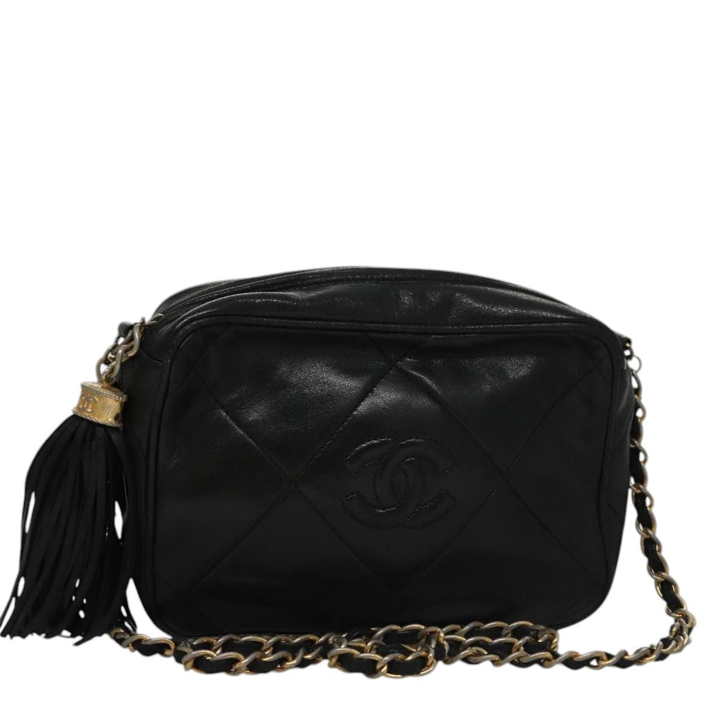CHANEL Chain Matelasse Shoulder Bag Lamb Skin Black Gold CC bs21320