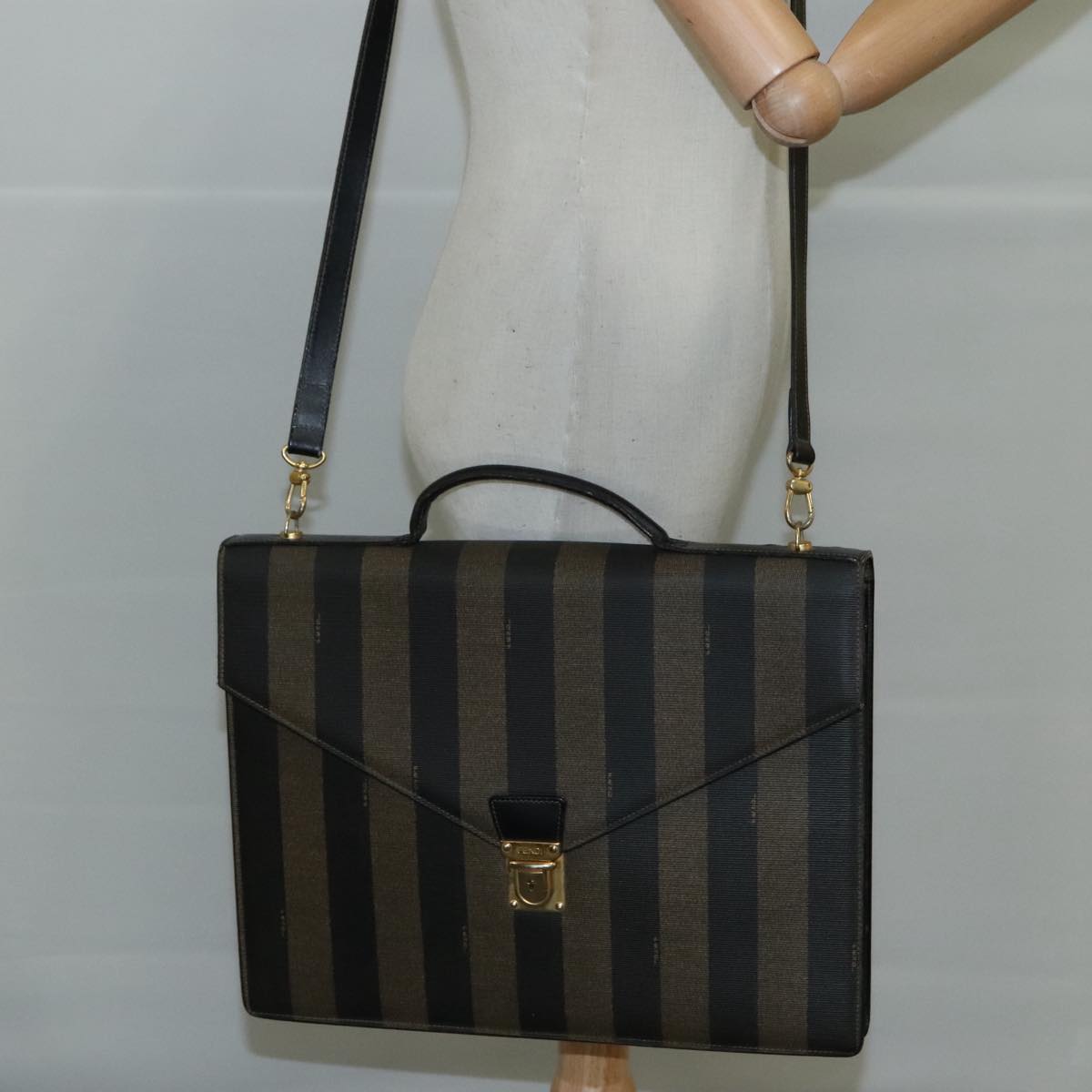 FENDI Pecan Canvas Business Bag 2way Brown Black gold bs21370