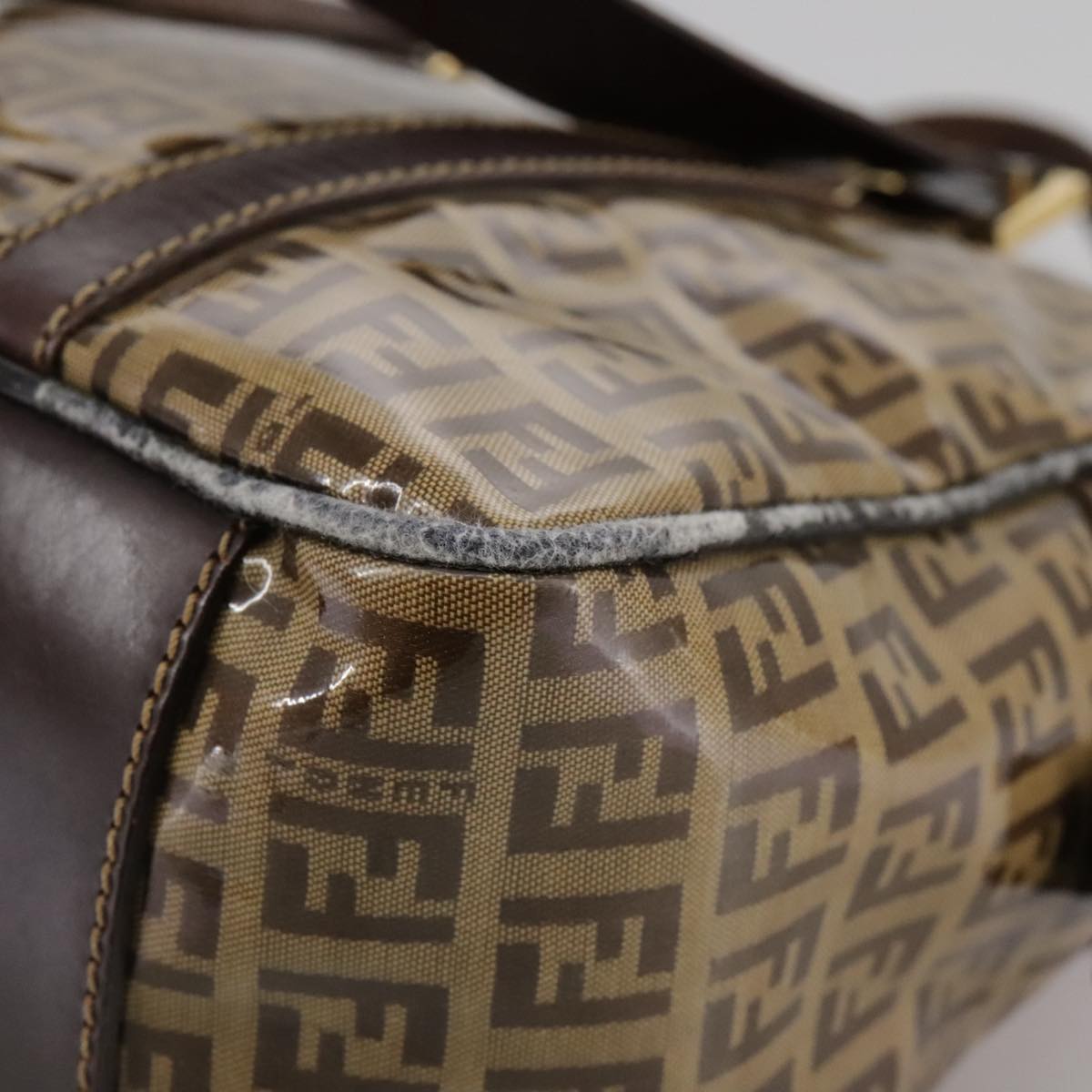 FENDI Zucchino Canvas Hand Bag Brown Gold bs21516