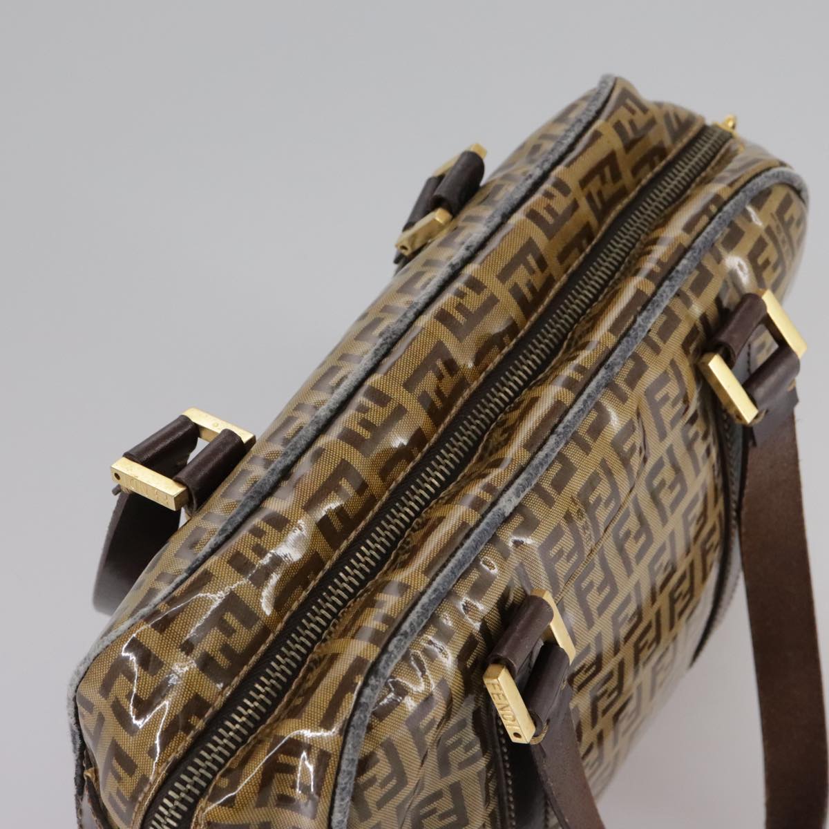 FENDI Zucchino Canvas Hand Bag Brown Gold bs21516