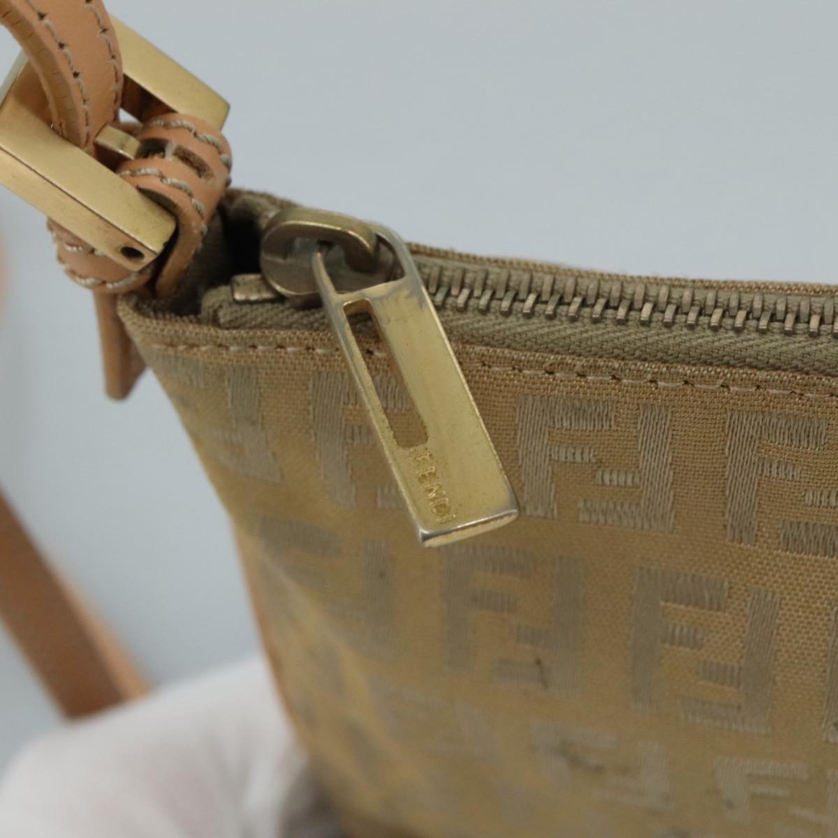 FENDI Zucchino Canvas Shoulder Bag Beige Gold bs21960