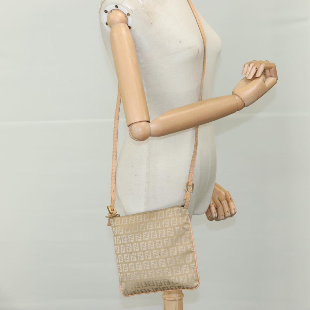 FENDI Zucchino Canvas Shoulder Bag Beige Gold bs21960