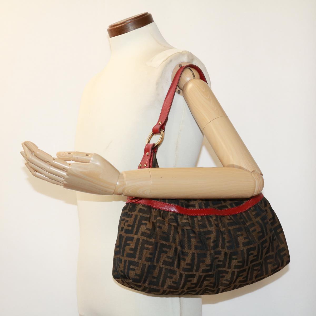 FENDI Zucca Canvas Shoulder Bag Brown Black bs2858