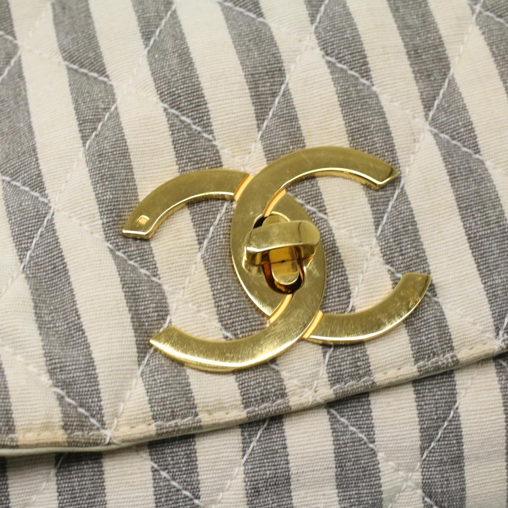 CHANEL Striped Matelasse Chain Shoulder Bag Canvas White Gray CC bs3642