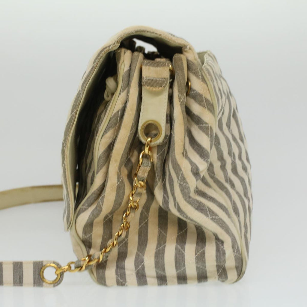 CHANEL Striped Matelasse Chain Shoulder Bag Canvas White Gray CC bs3642