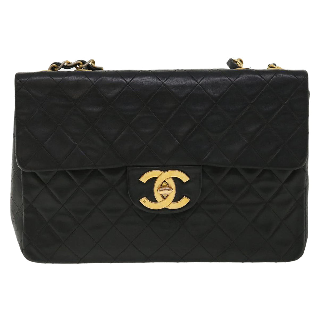 CHANEL Big Matelasse Double Chain Shoulder Bag Lamb Skin Black CC bs3702