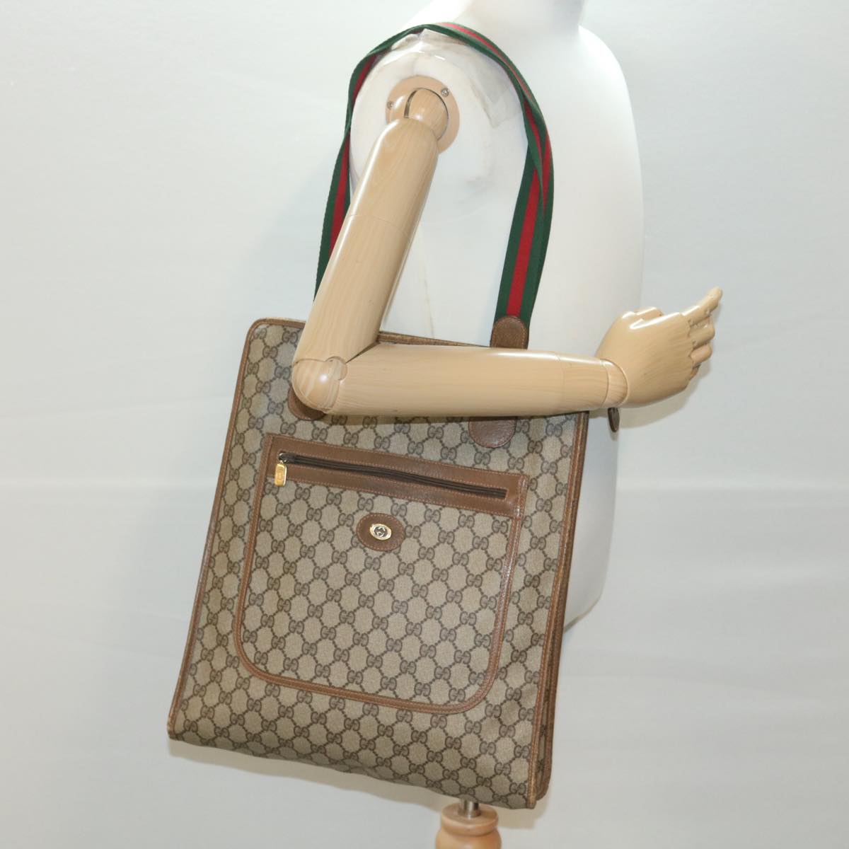 GUCCI GG Canvas Web Sherry Line Tote Bag PVC Leather Beige 89.02.092 bs4214