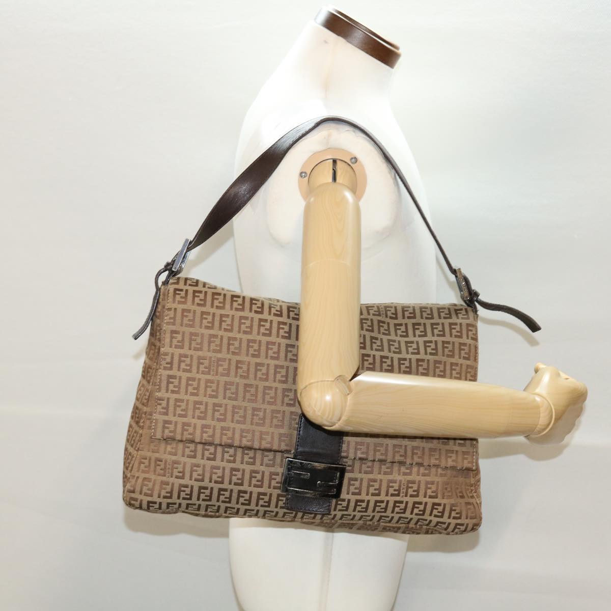 FENDI Zucchino Canvas Mamma Baguette Shoulder Bag Brown bs5280