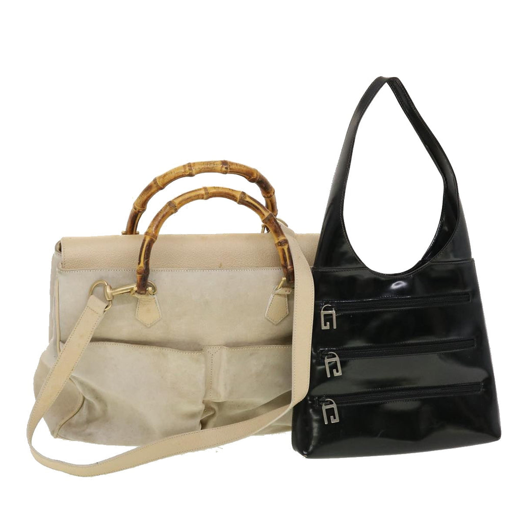 GUCCI Bamboo Shoulder Bag Suede Patent leather 2Set Black White bs5308