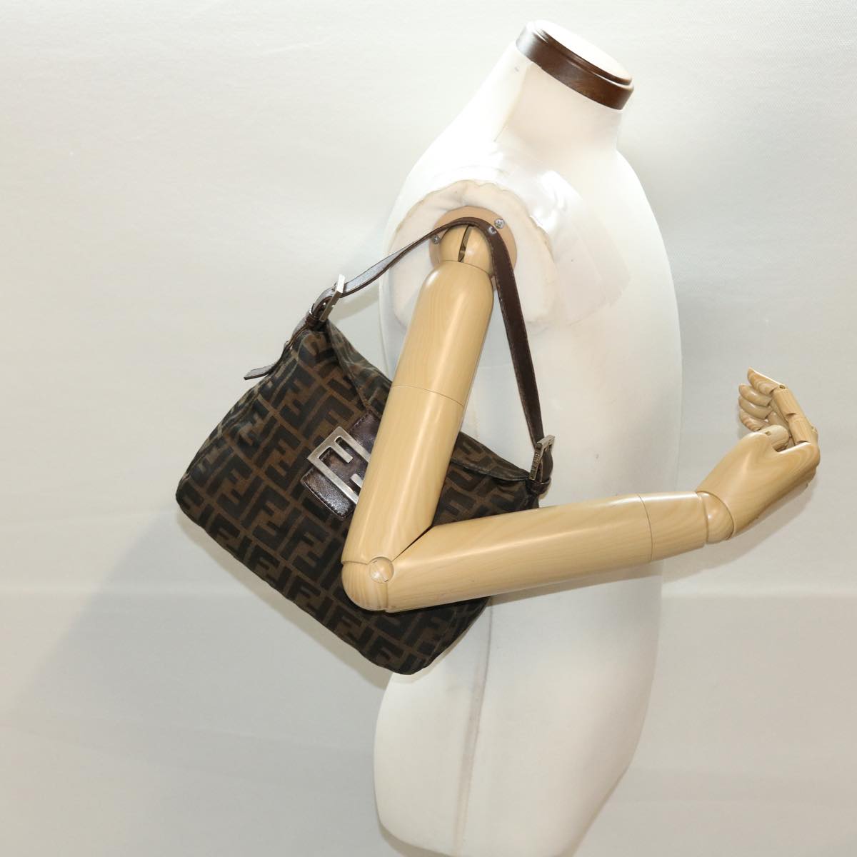 FENDI Zucca Canvas Mamma Baguette Shoulder Bag Black Brown bs5426
