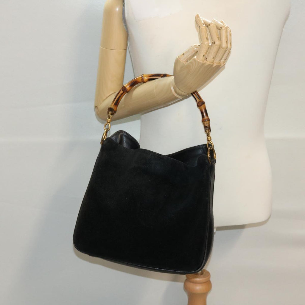 GUCCI Bamboo Shoulder Bag Suede Black Brown bs5760