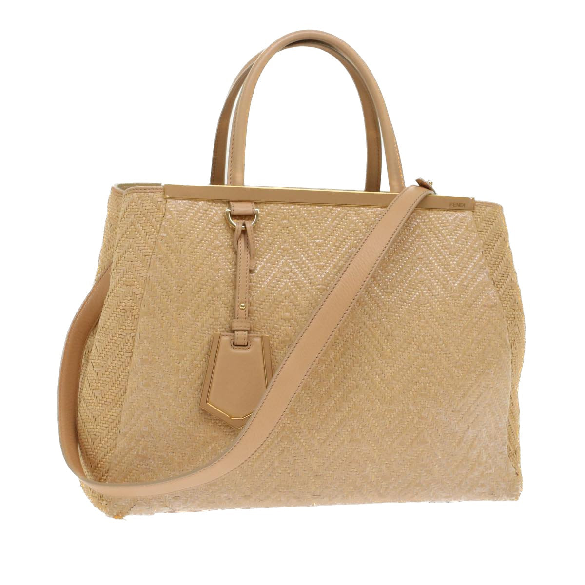 FENDI Two Joule Hand Bag Straw Beige bs6299