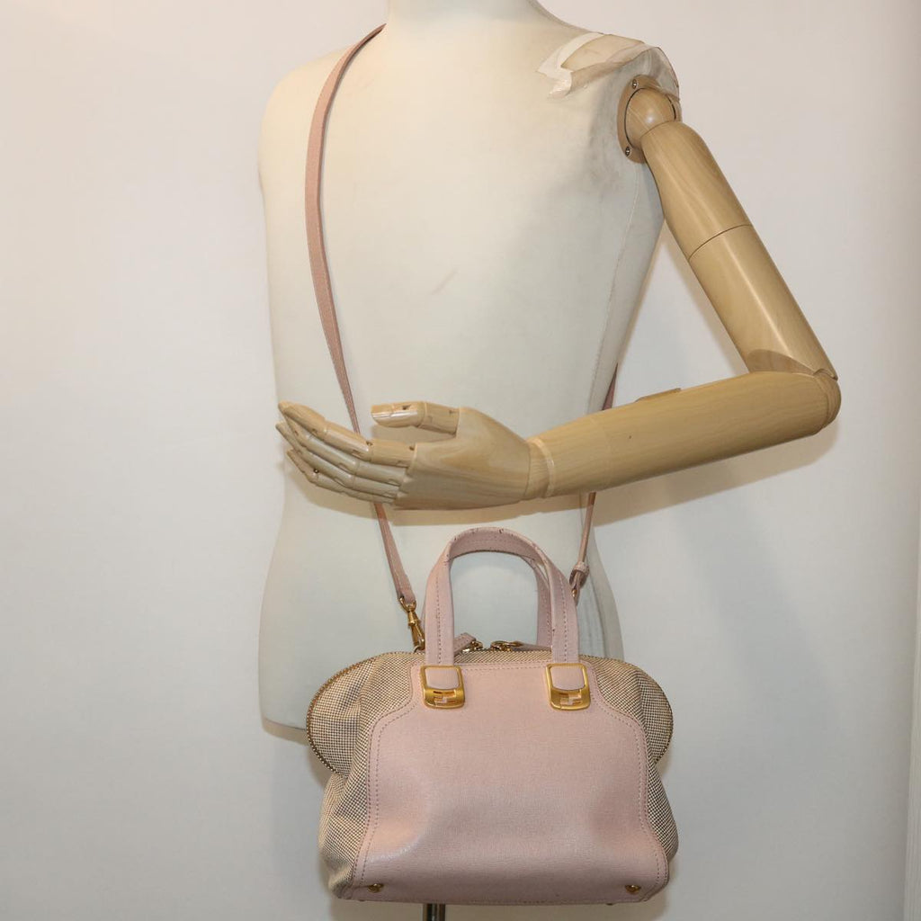 FENDI Chameleon Hand Bag Leather Canvas 2way Pink Brown bs6469