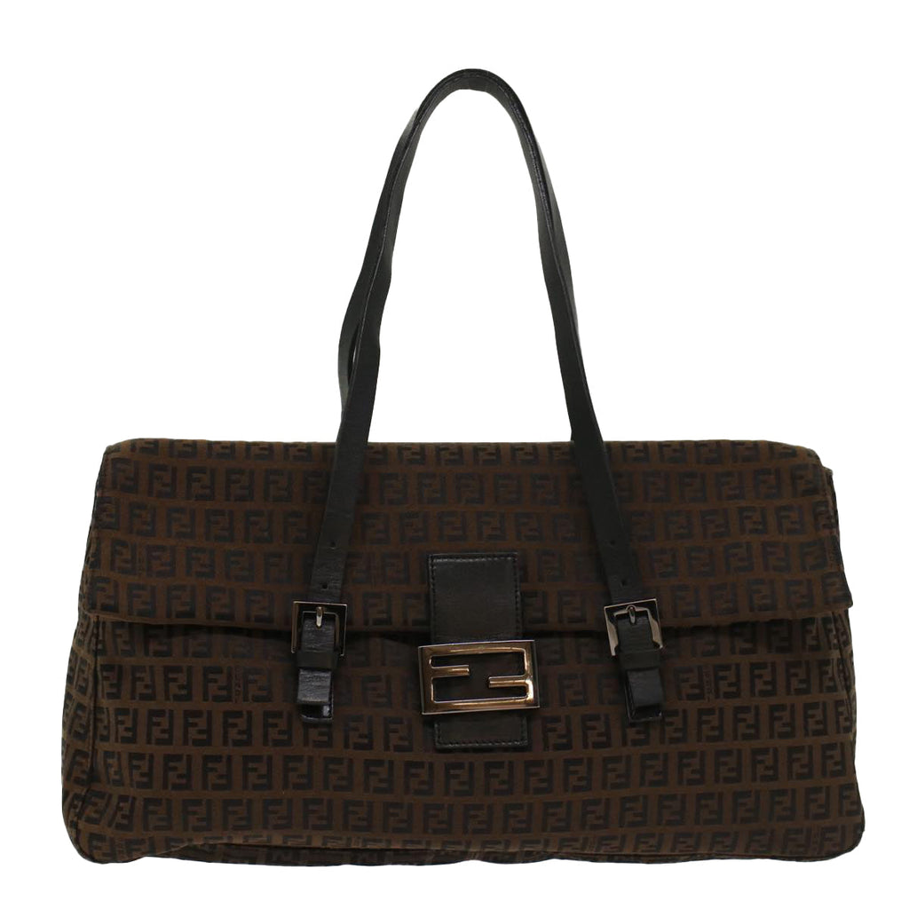 FENDI Zucchino Canvas Shoulder Bag Leather Dark Brown bs6815