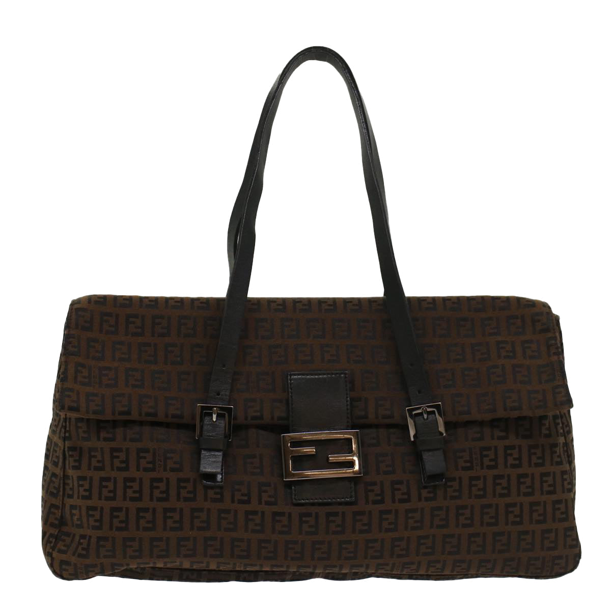 FENDI Zucchino Canvas Shoulder Bag Leather Dark Brown bs6815