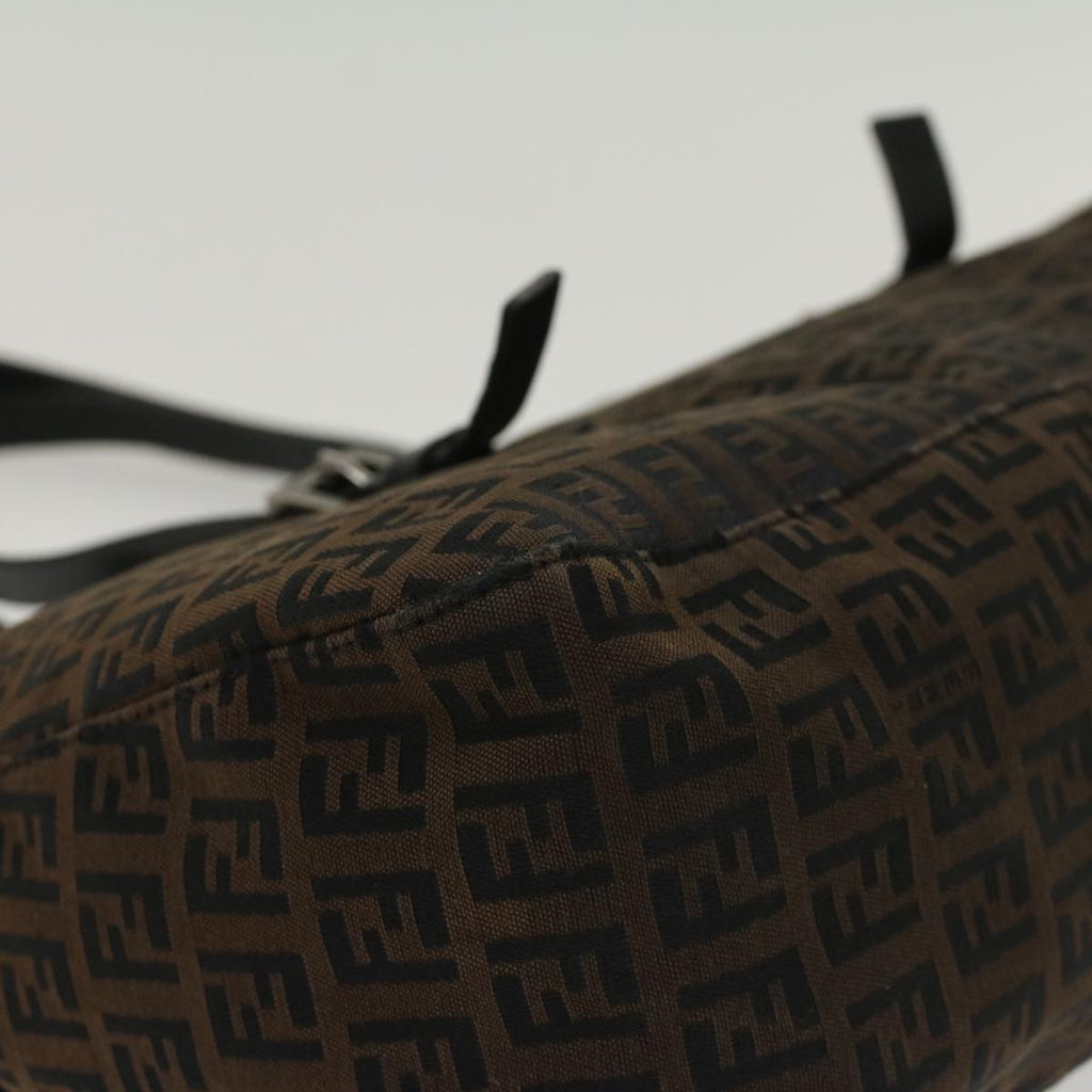 FENDI Zucchino Canvas Shoulder Bag Leather Dark Brown bs6815