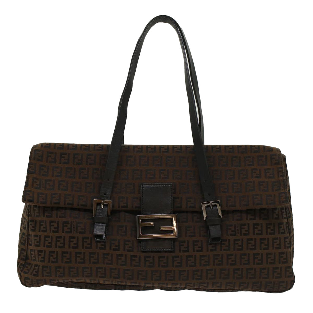 FENDI Zucchino Canvas Shoulder Bag Leather Dark Brown bs6815