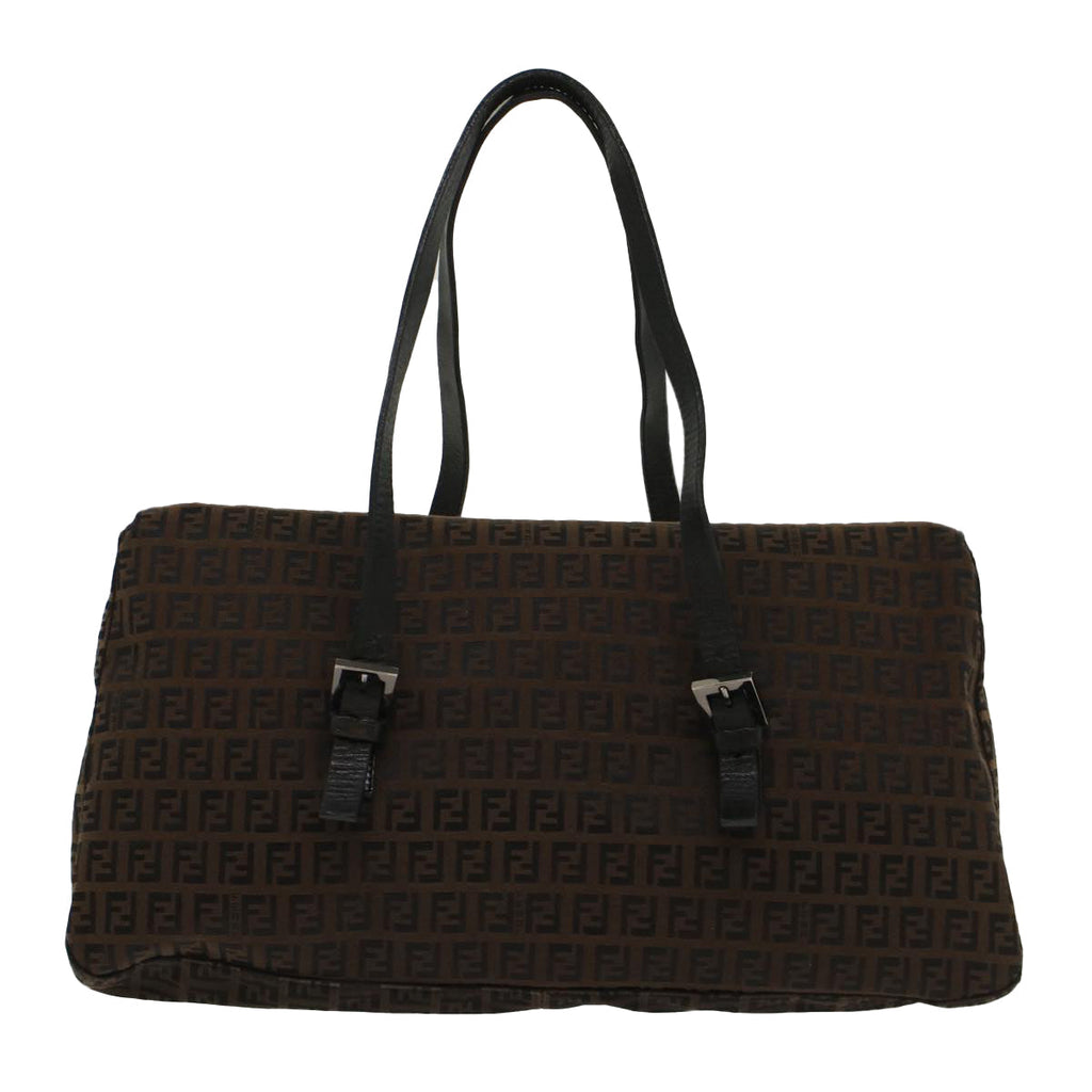 FENDI Zucchino Canvas Shoulder Bag Leather Dark Brown bs6815