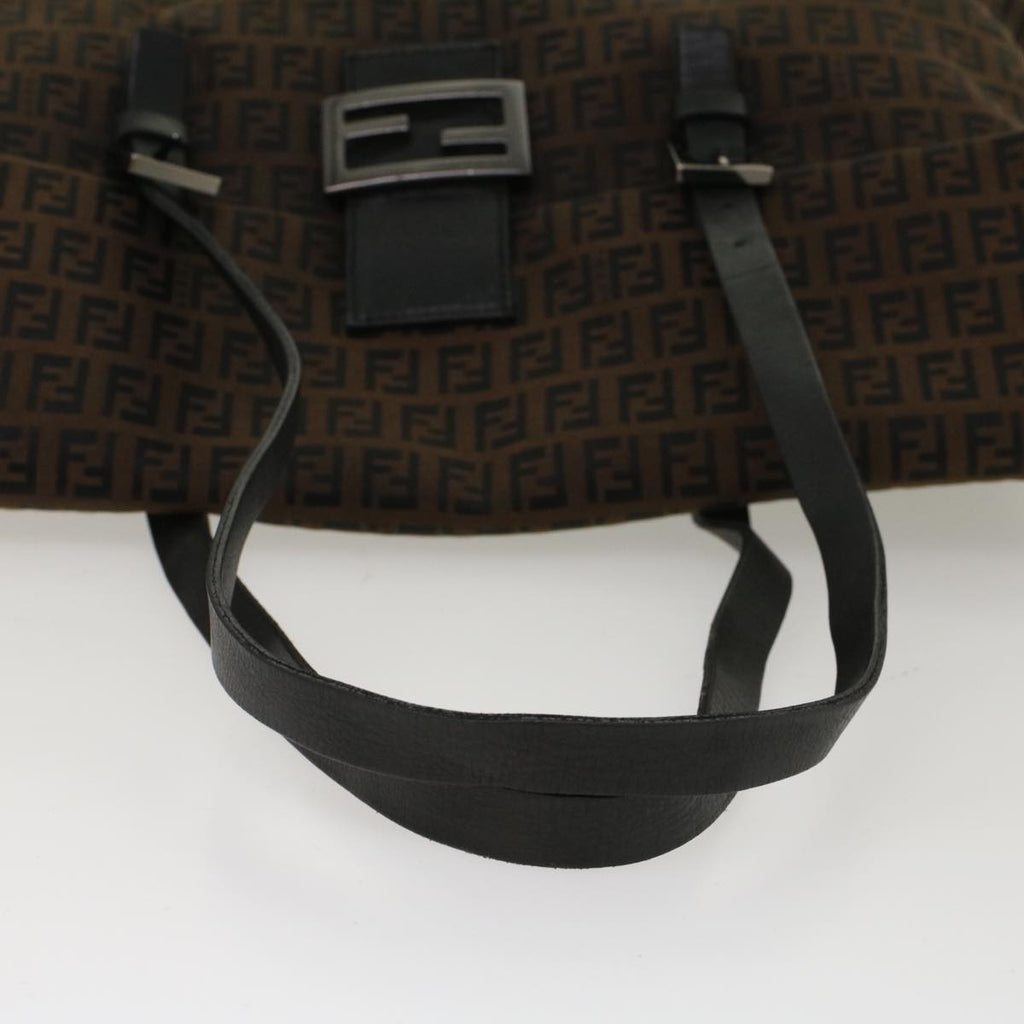FENDI Zucchino Canvas Shoulder Bag Leather Dark Brown bs6815