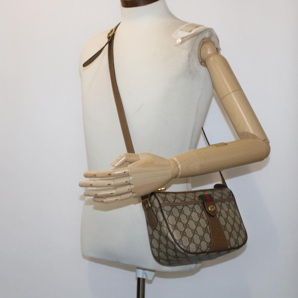 GUCCI GG Canvas Web Sherry Line Shoulder Bag PVC Leather Beige Green bs6920