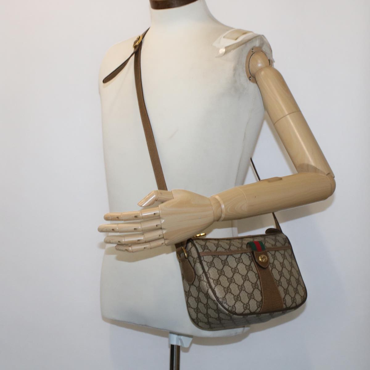 GUCCI GG Canvas Web Sherry Line Shoulder Bag PVC Leather Beige Green bs6920