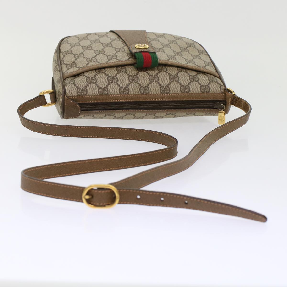 GUCCI GG Canvas Web Sherry Line Shoulder Bag PVC Leather Beige Green bs6920