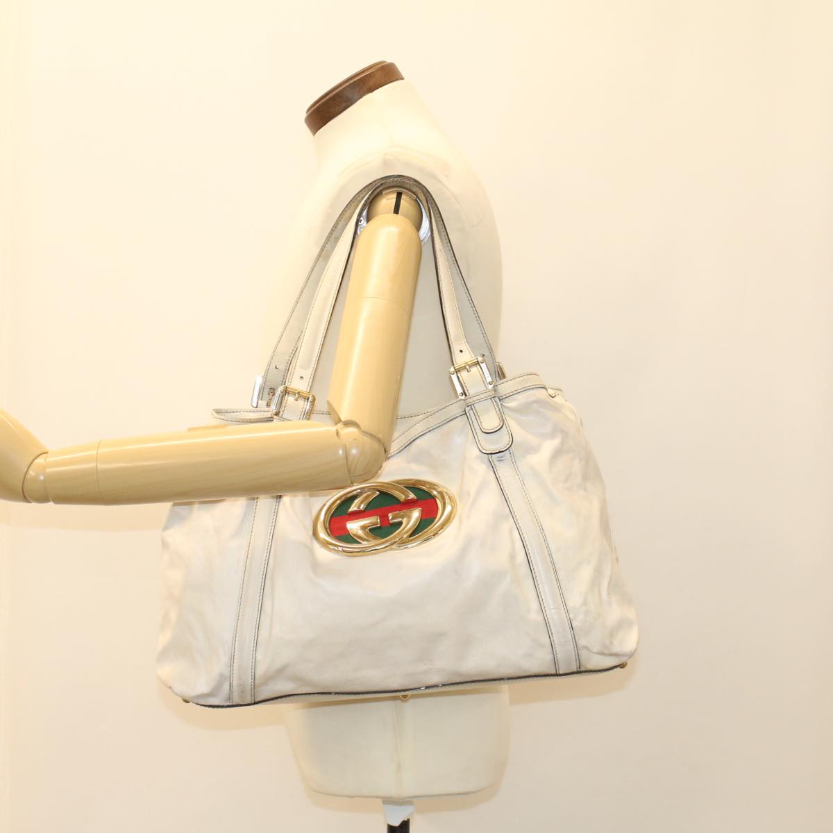 GUCCI Web Sherry Line Shoulder Bag Coated Canvas White Red 162094 bs6990