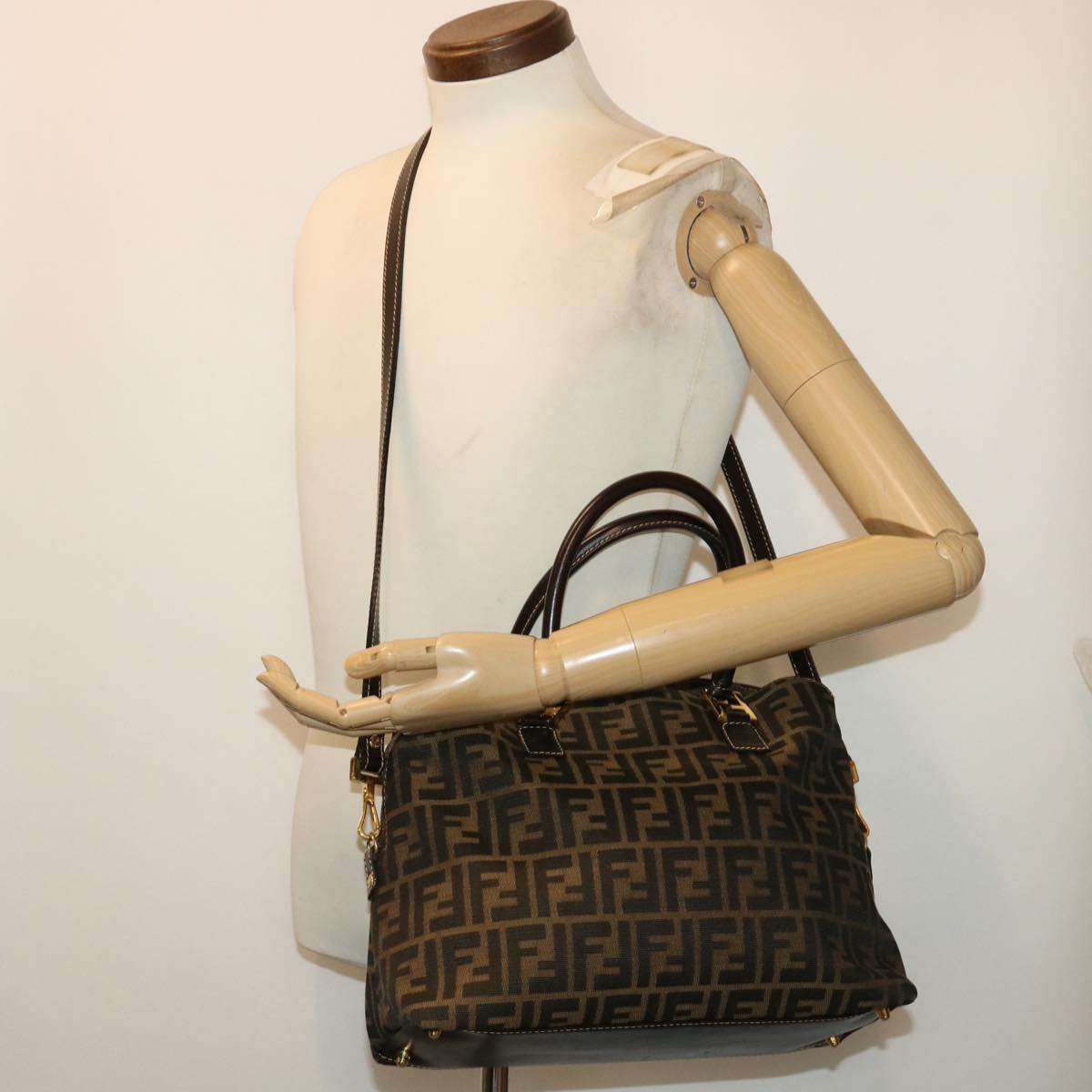 FENDI Zucca Canvas Hand Bag 2way Black Brown bs7184