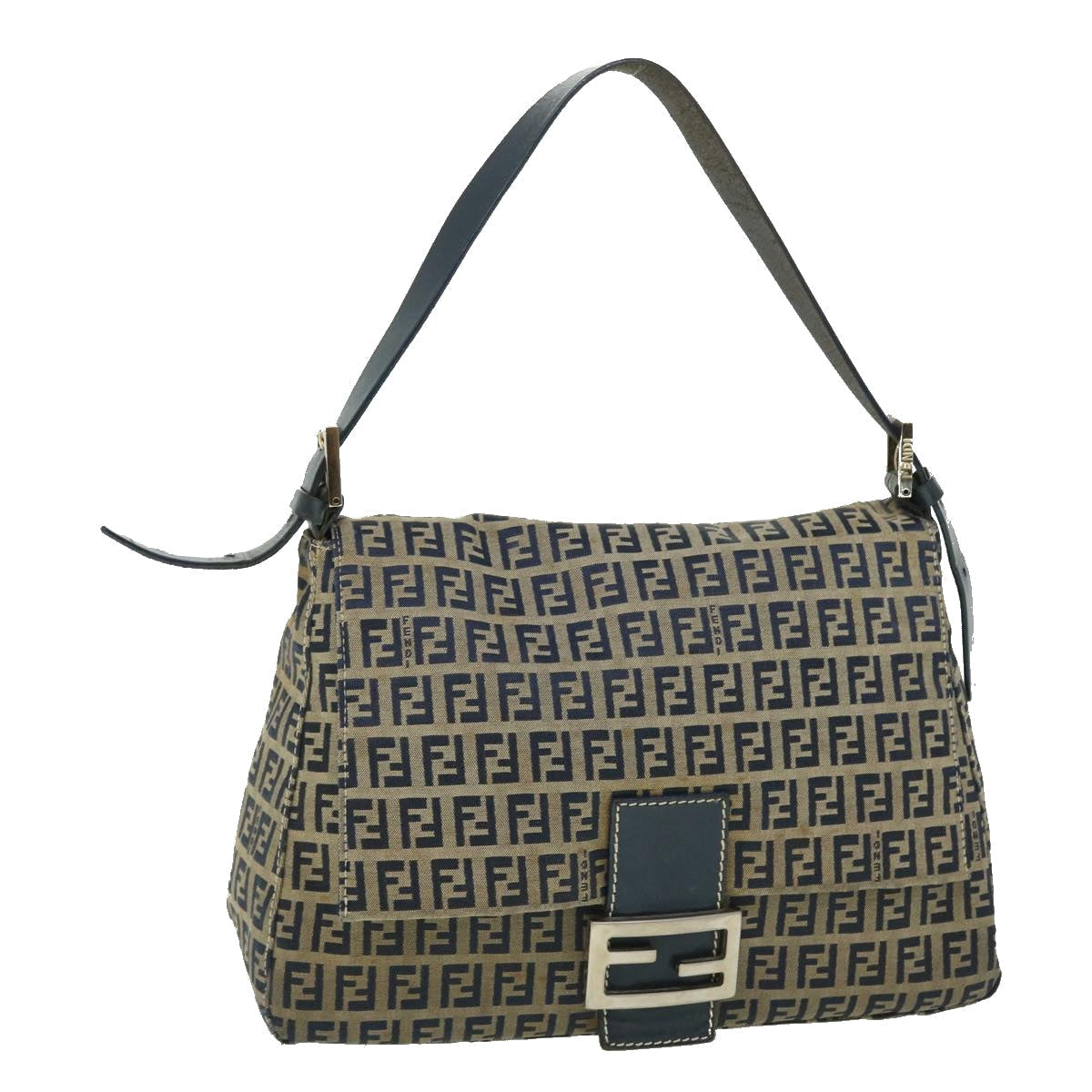 FENDI Zucchino Canvas Mamma Baguette Shoulder Bag Leather Navy bs7518