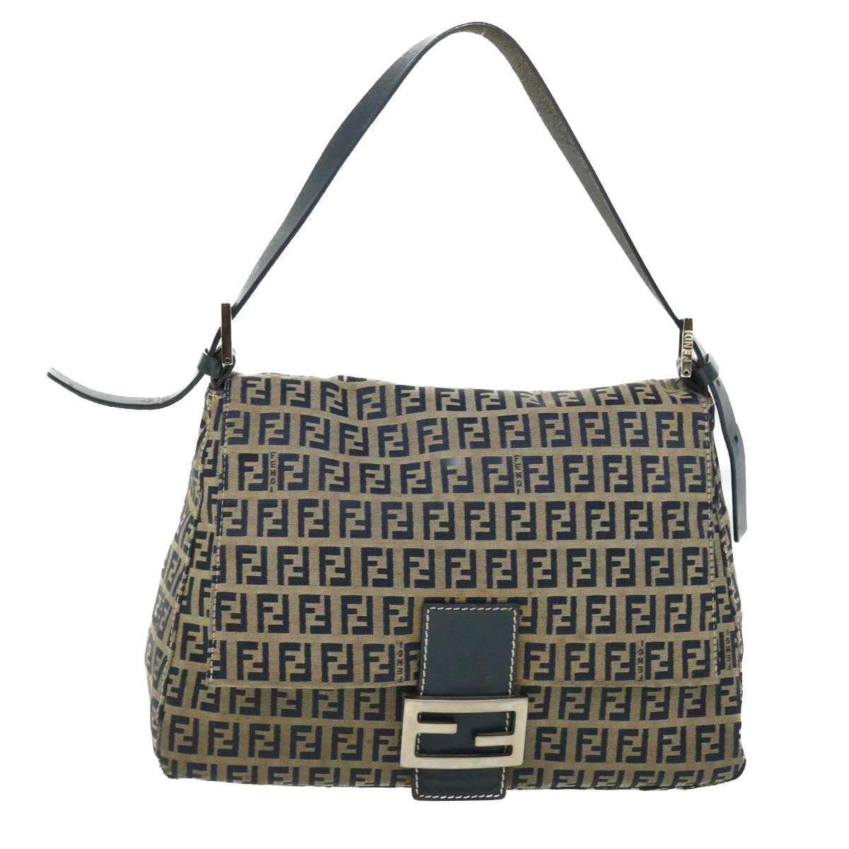 FENDI Zucchino Canvas Mamma Baguette Shoulder Bag Leather Navy bs7518