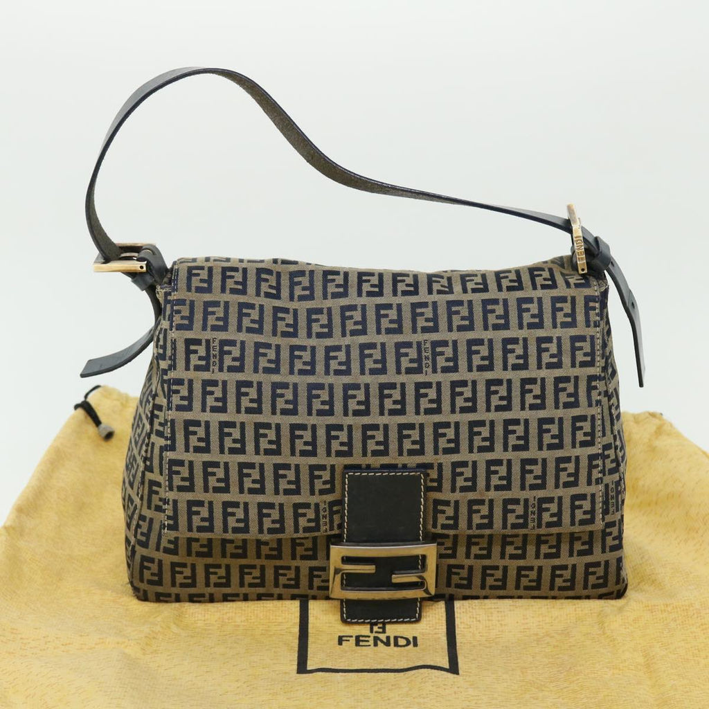 FENDI Zucchino Canvas Mamma Baguette Shoulder Bag Leather Navy bs7518