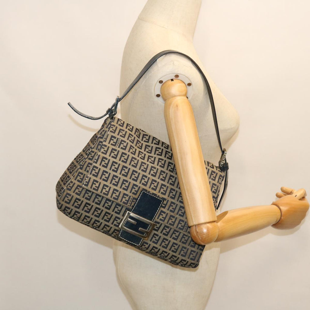 FENDI Zucchino Canvas Mamma Baguette Shoulder Bag Leather Navy bs7518