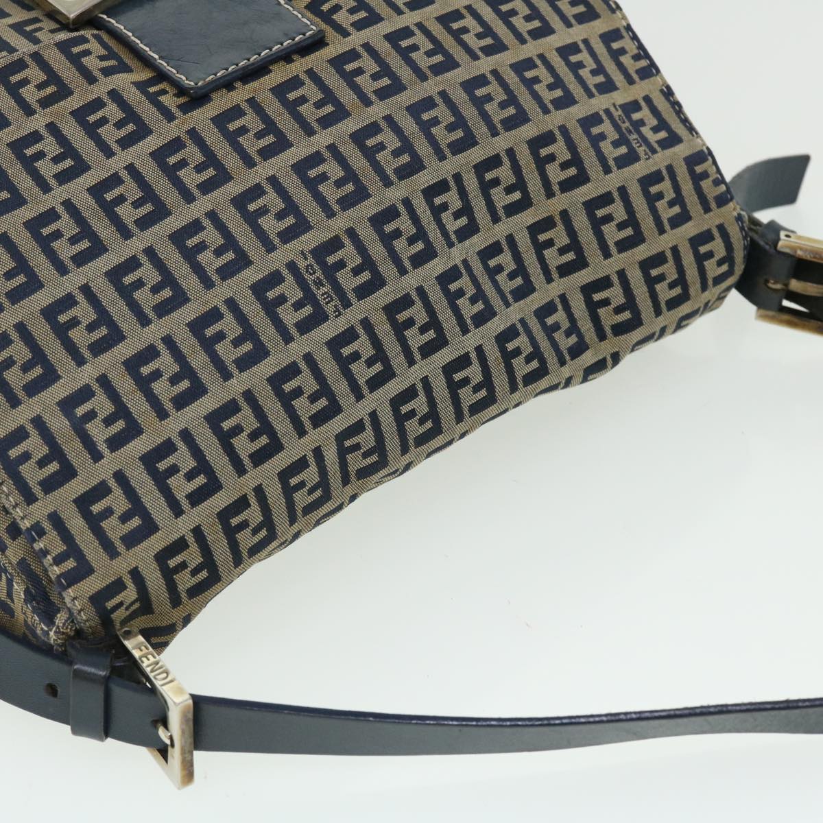 FENDI Zucchino Canvas Mamma Baguette Shoulder Bag Leather Navy bs7518