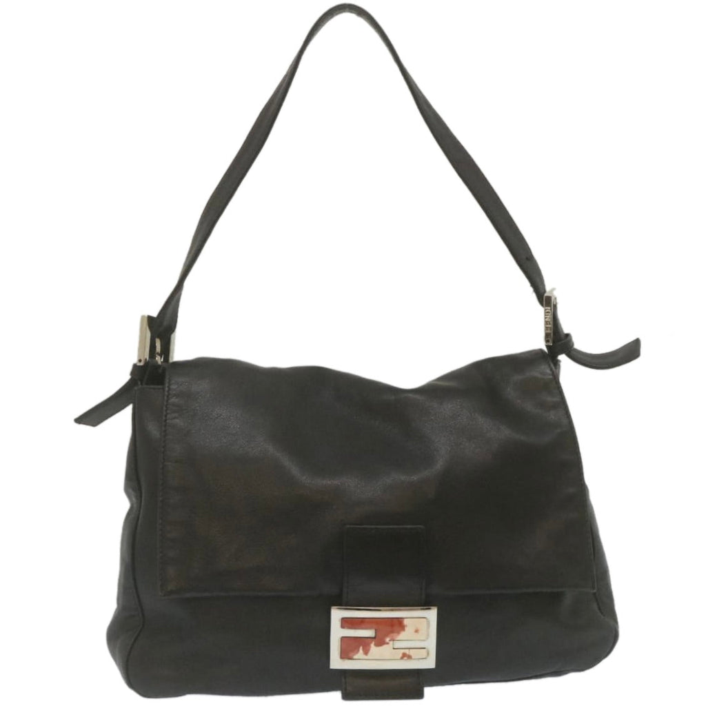 FENDI Mamma Baguette Shoulder Bag Leather Black bs753