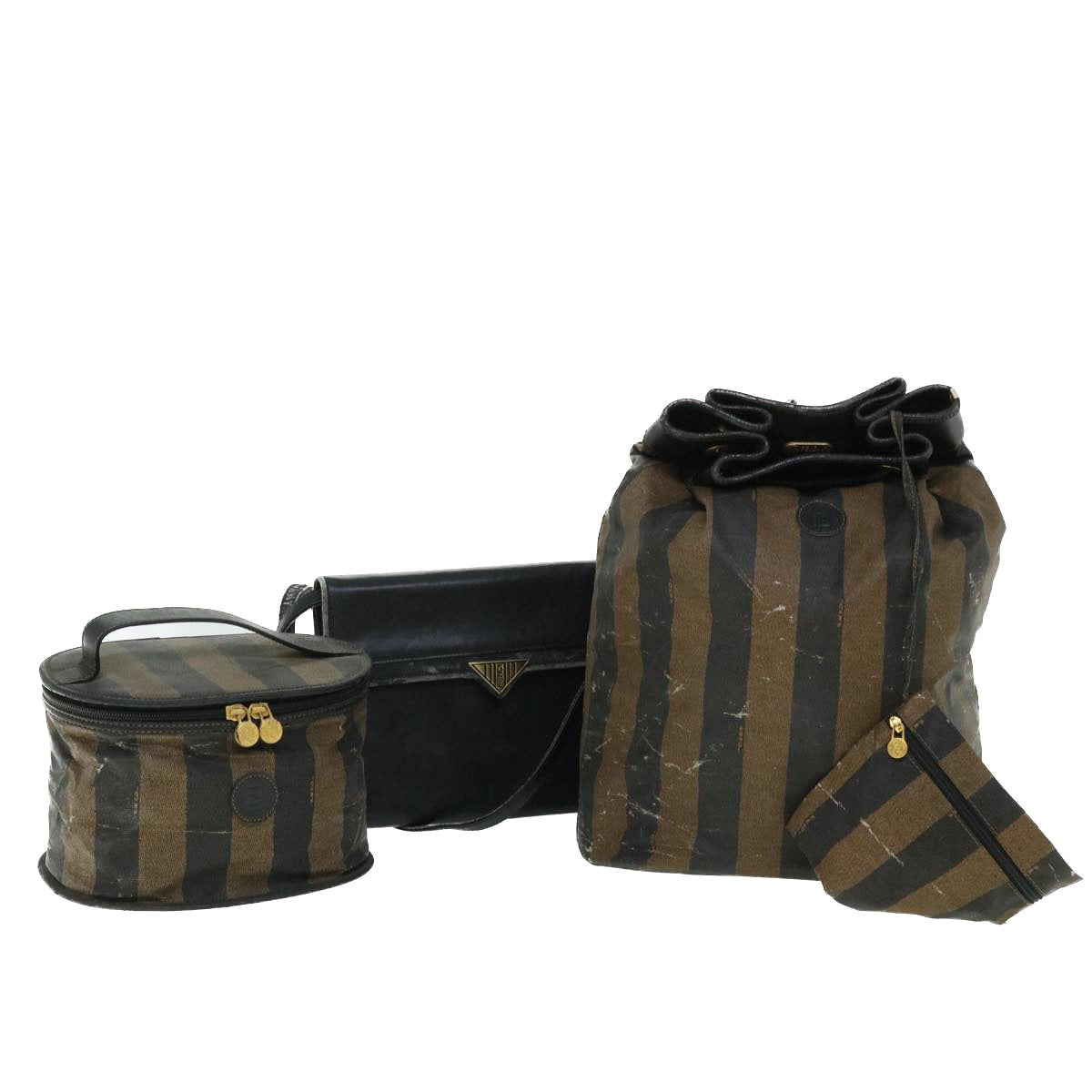 FENDI Pecan Canvas Pouch Shoulder Bag Leather 3Set Brown Black bs7664