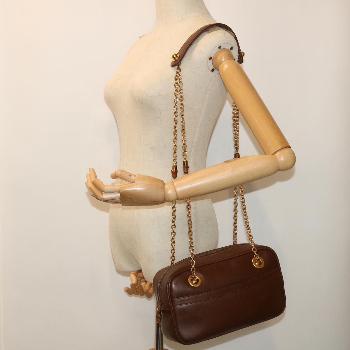 GUCCI Chain Shoulder Bag Leather Brown 001 115 1498 bs7878
