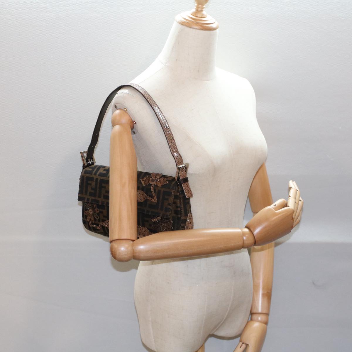 FENDI Zucca Canvas Mamma Baguette Shoulder Bag Black Brown bs7953A